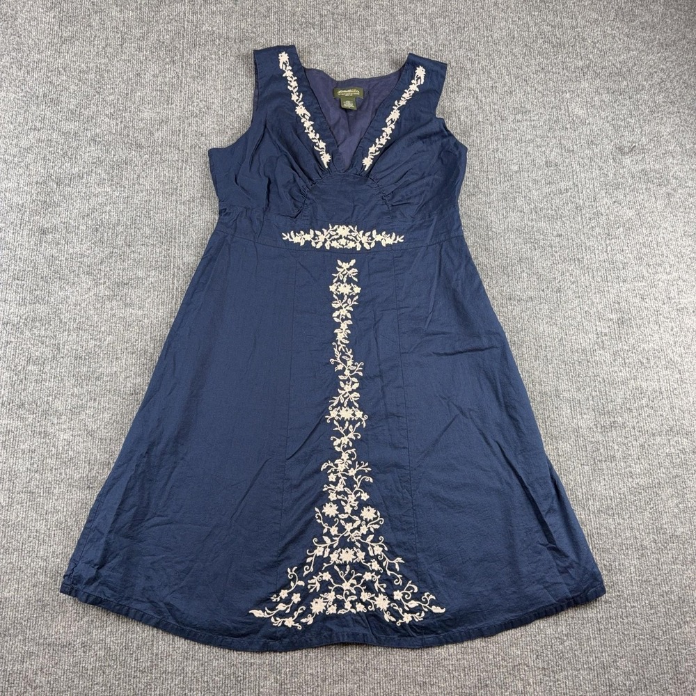 Eddie Bauer‎ Dress Womens 12 Blue Embroidered Sleeveless V Neck Cotton Sundress